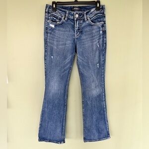 Silver Jeans Suki womens 29/31 medium wash mid rise slim bootcut Distressed blue